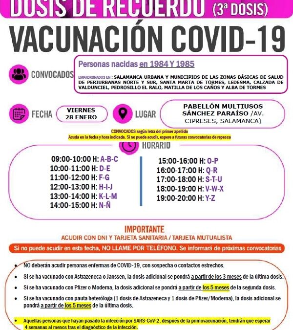 Dosis de recuerdo. Vacunación 3ª dosis. Personas nacidas en 1984 y 1985. 28 de enero de 2022