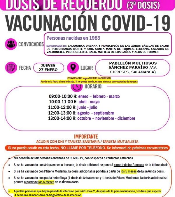 Dosis de recuerdo. Vacunación 3ª dosis. Personas nacidas en 1983. 27 de enero de 2022