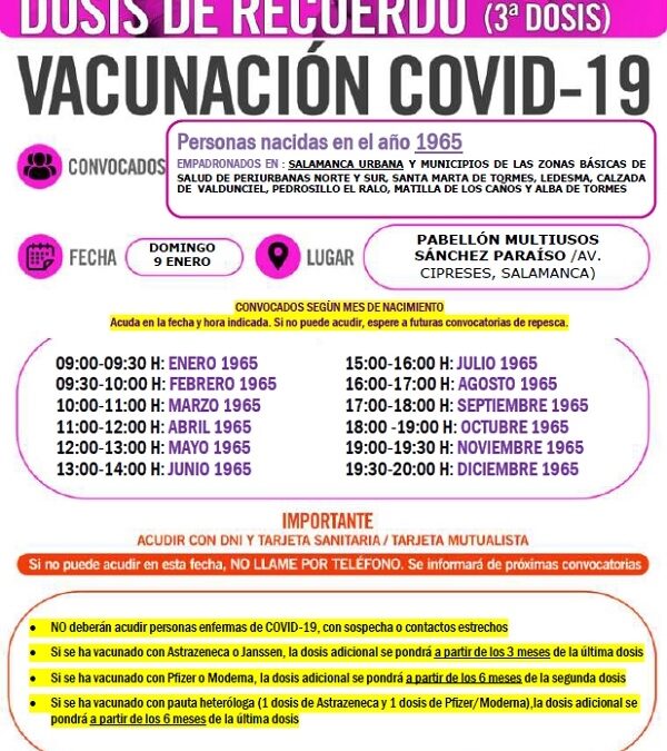 Dosis de recuerdo. Vacunación 3ª dosis para personas nacidas en 1965. 09 de enero de 2022