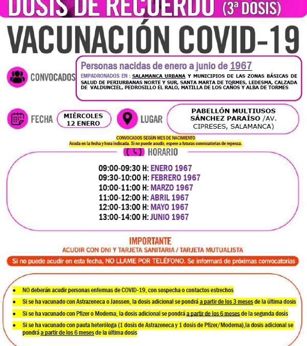 Dosis de recuerdo. Vacunación 3ª dosis para personas nacidas de enero a junio de 1967. 12 de enero de 2022