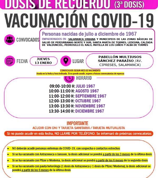 Dosis de recuerdo. Vacunación 3ª dosis para personas nacidas de julio a diciembre de 1967. 13 de enero de 2022