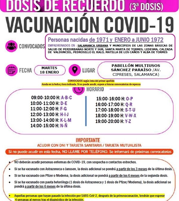 Dosis de recuerdo. Vacunación 3ª dosis. Personas nacidas en 1971 y de enero a junio de 1972. 18 de enero de 2022