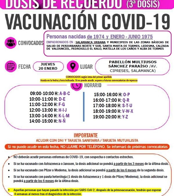Dosis de recuerdo. Vacunación 3ª dosis. Personas nacidas en 1974 y de enero a junio de 1975. 20 de enero de 2022