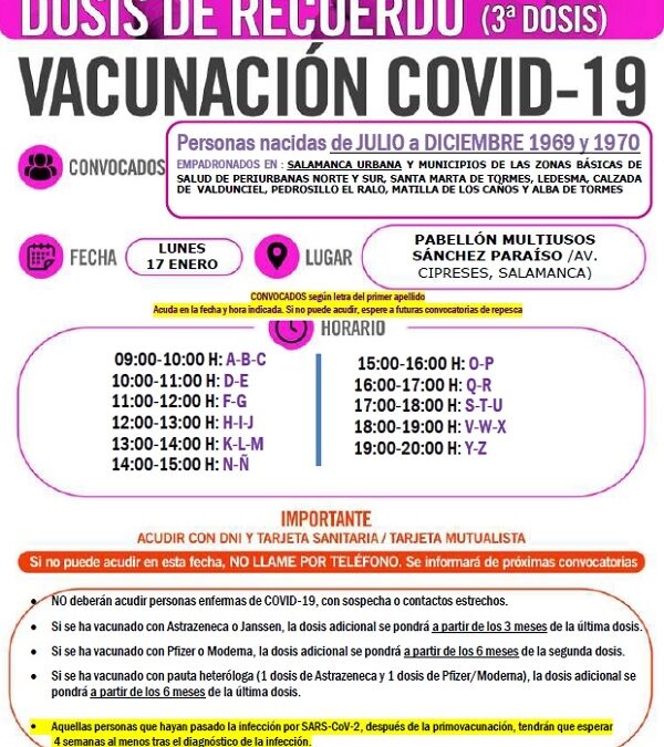 Dosis de recuerdo. Vacunación 3ª dosis. Personas nacidas de julio a diciembre de 1969 y 1970. 17 de enero de 2022