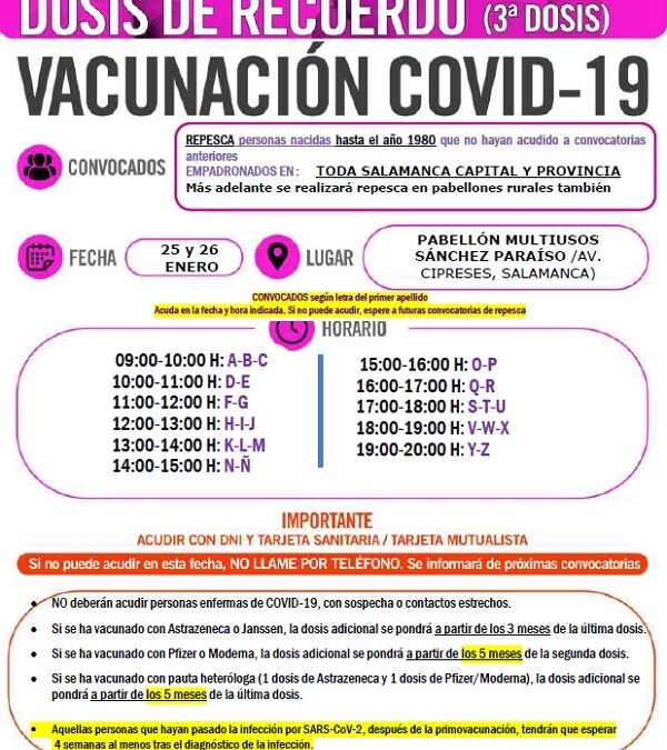 Dosis de recuerdo. Vacunación 3ª dosis. Repesca personas nacidas hasta el año 1980. 25 y 26 de enero de 2022