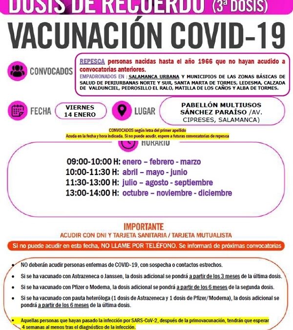 Dosis de recuerdo. Vacunación 3ª dosis. Repesca personas nacidas hasta el año 1966. 14 de enero de 2022
