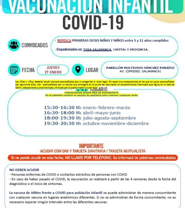 Vacunación infantil COVID-19. Repesca primeras dosis niñas y niños entre 5 y 11 años cumplidos. 27 de enero de 2022