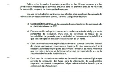 Suspensión campaña autorizaciones de quema 2022