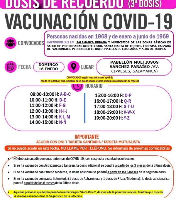 Dosis de recuerdo. Vacunación 3ª dosis para personas nacidas en 1968 y de enero a junio de 1969. 16 de enero de 2022