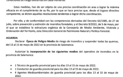 Resolución de mayo de 2022 del Director General de Patrimonio Natural y Política Forestal por la que se declara época de peligro medio y se autoriza la activación de medios del operativo de incendios de la provincia de Salamanca