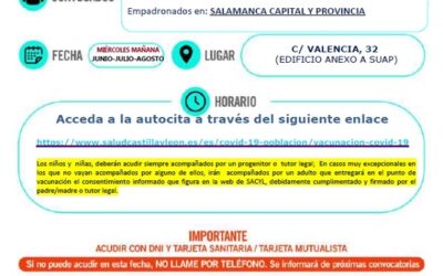 Vacunación infantil COVID-19 autocita. Repesca 1ª y 2ª dosis para niños y niñas de 5 a 11 años cumplidos. Miércoles mañana, junio, julio y agosto de 2022