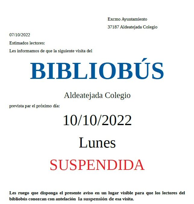 CANCELADO Bibliobús, 10 de octubre de 2022